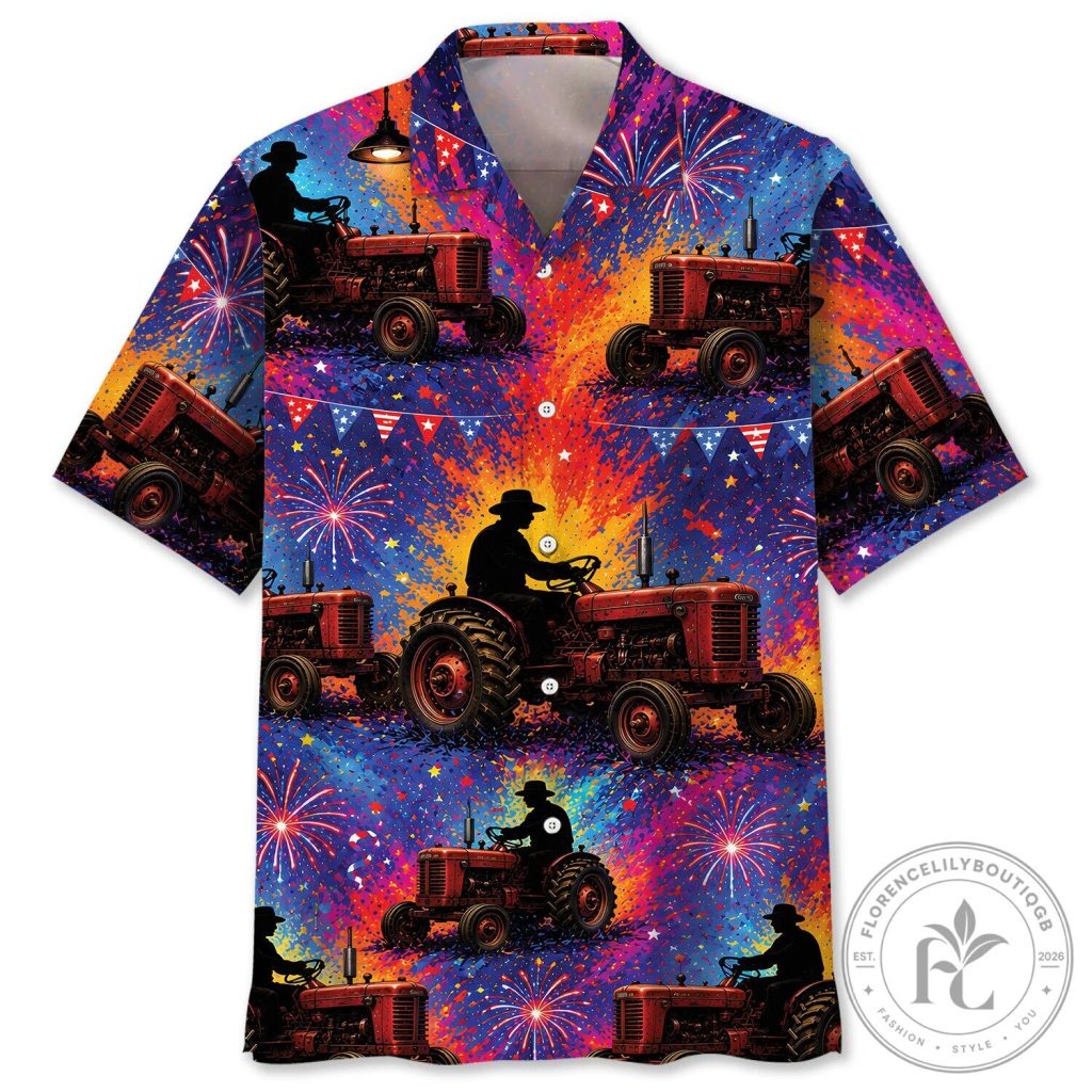 Vintage Tractor Operator Fireworks Patriotic Hawaiian Shirt for Men Vintage Tractor Operator Fireworks Patriotic Hawaiian Shirt for Men