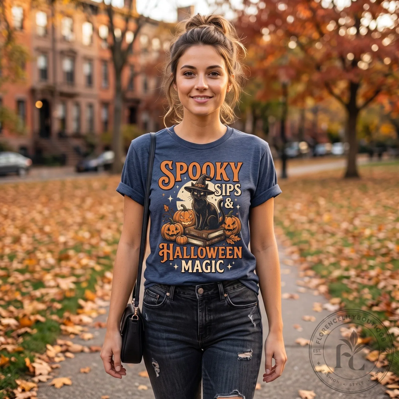 Halloween Magic Retro Witch Cat and Pumpkins Women's Graphic T-Shirt