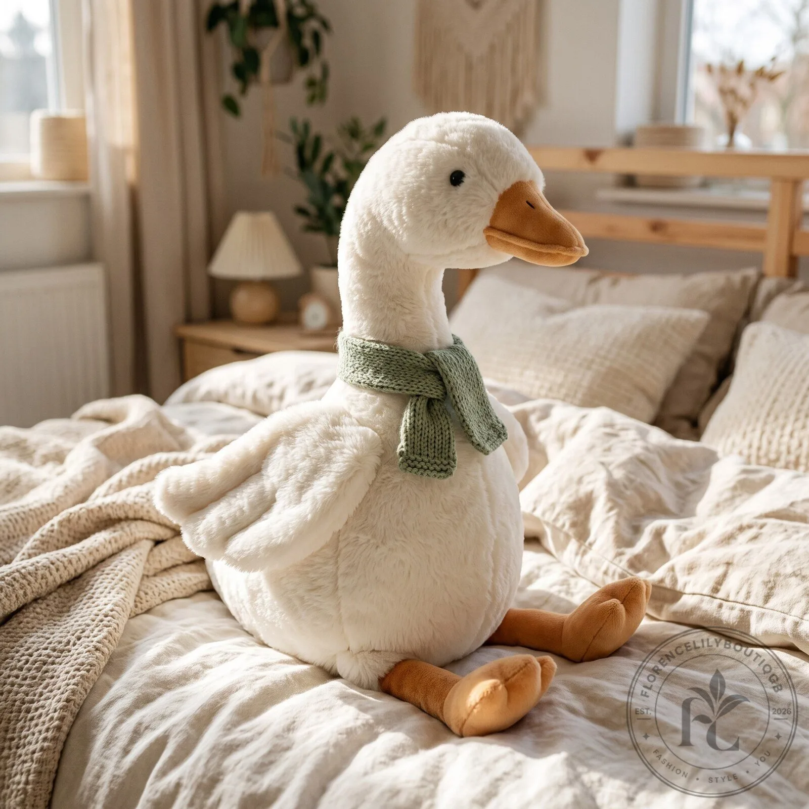 Adorable Chubby Goose Stuffed Animal Plush Toy With Green Knitted Scarf