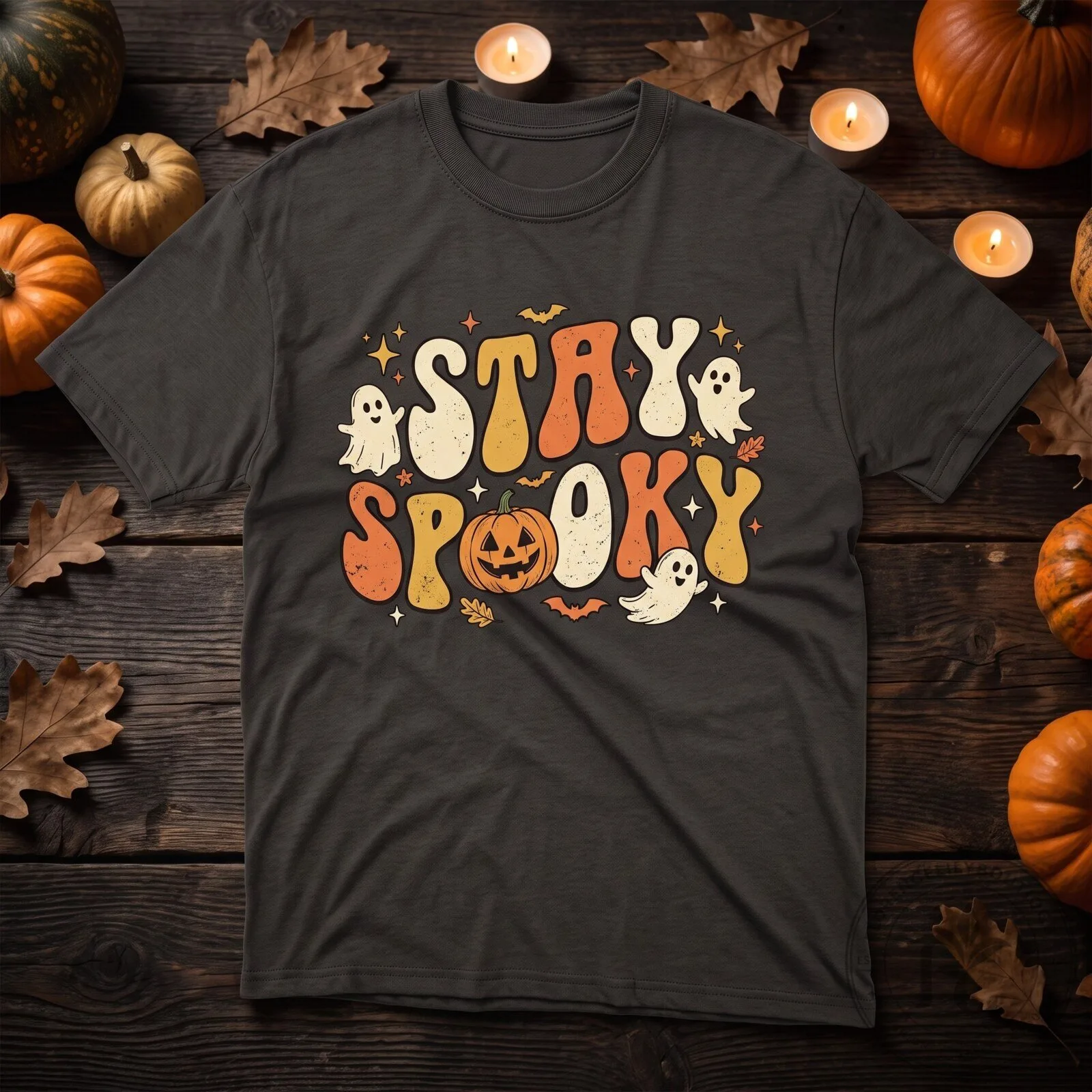 Retro Stay Spooky Halloween Shirt Vintage Ghost and Pumpkin Graphic Tee