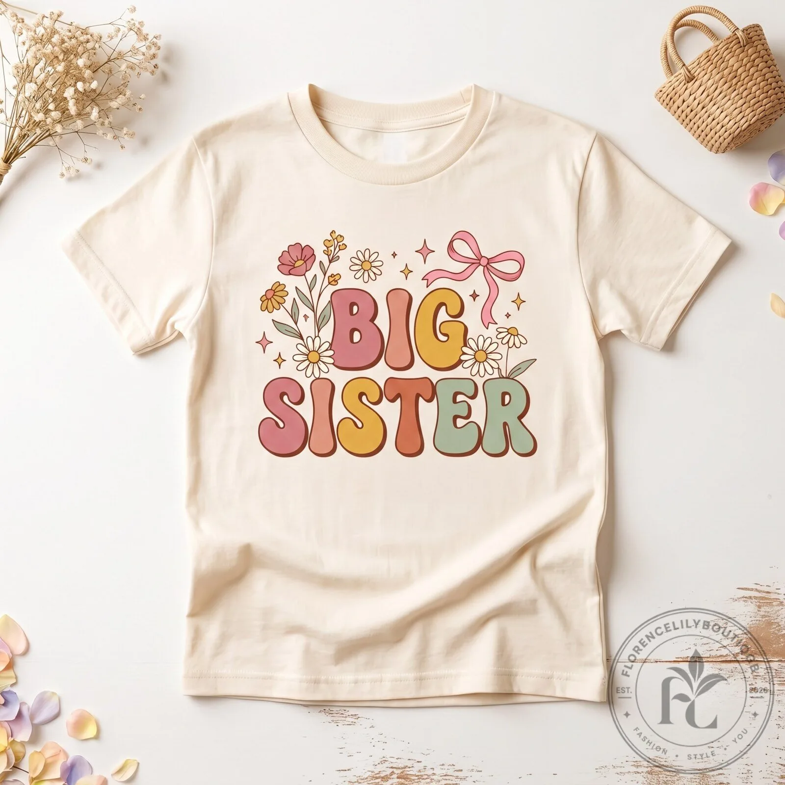 Big Sister Kids T Shirt Cute Flower Bow Graphic Tee for Girls